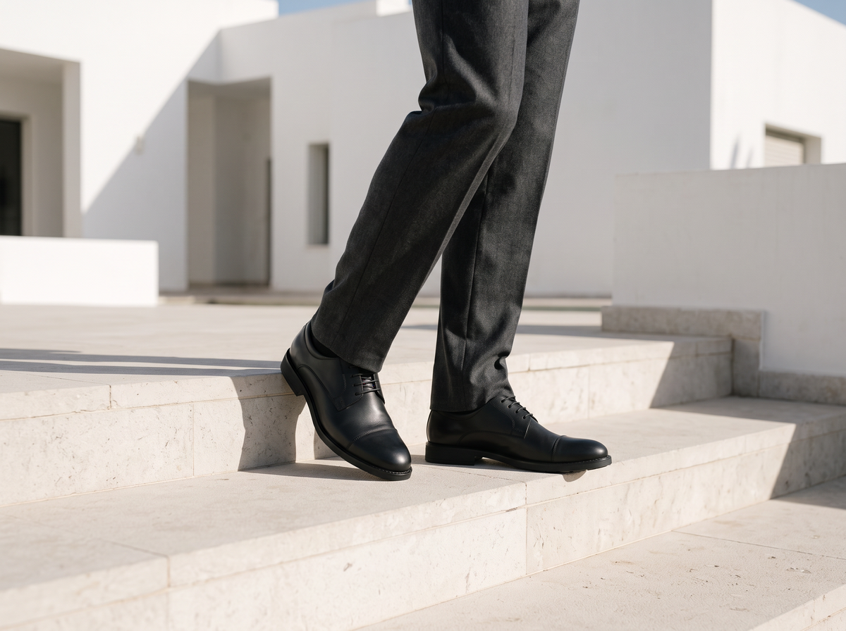 ديربي MHCHAUSSURES أسود على درج من الحجر الأبيض