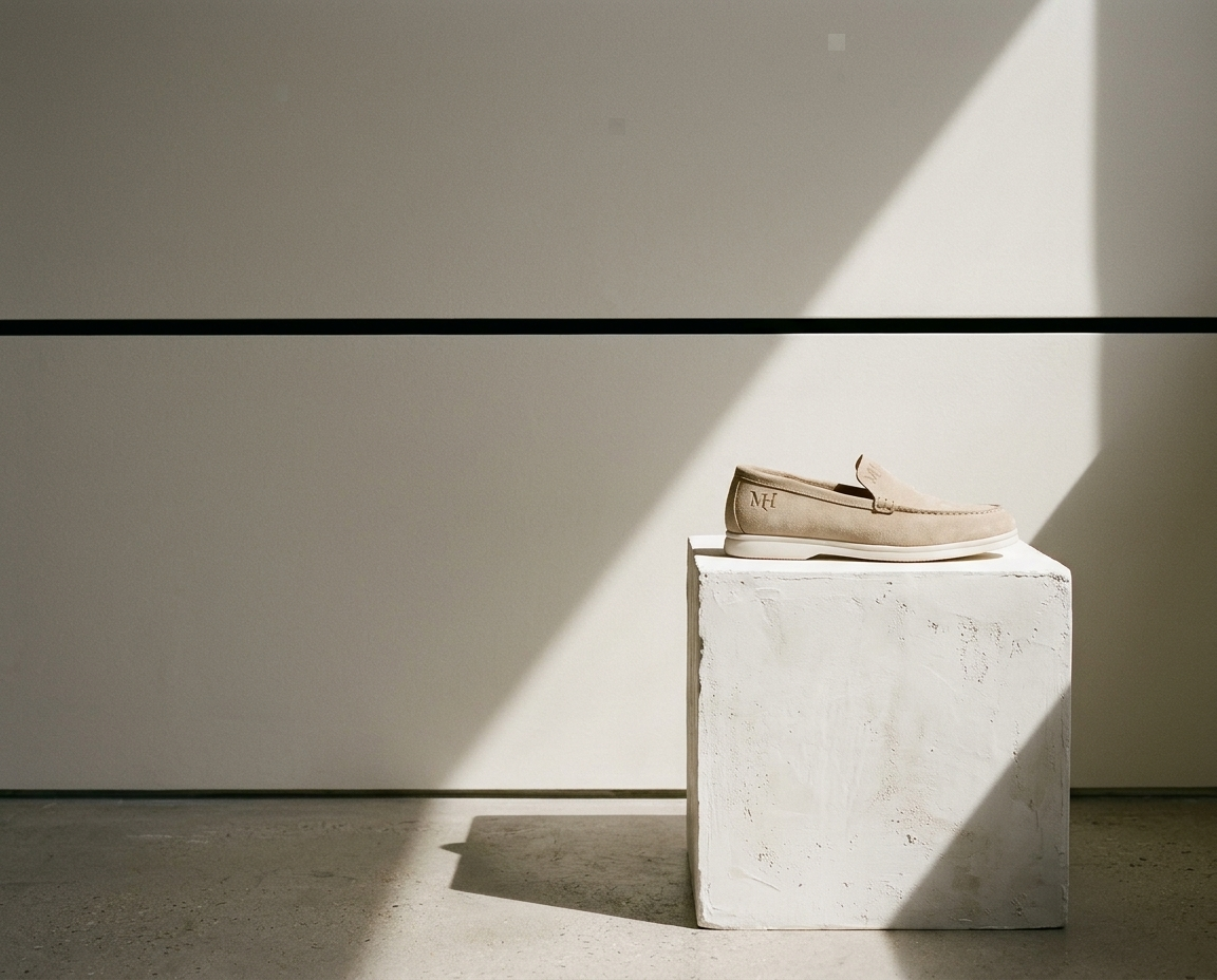 موكاسان MHCHAUSSURES بيج بشعار MH على قاعدة بيضاء